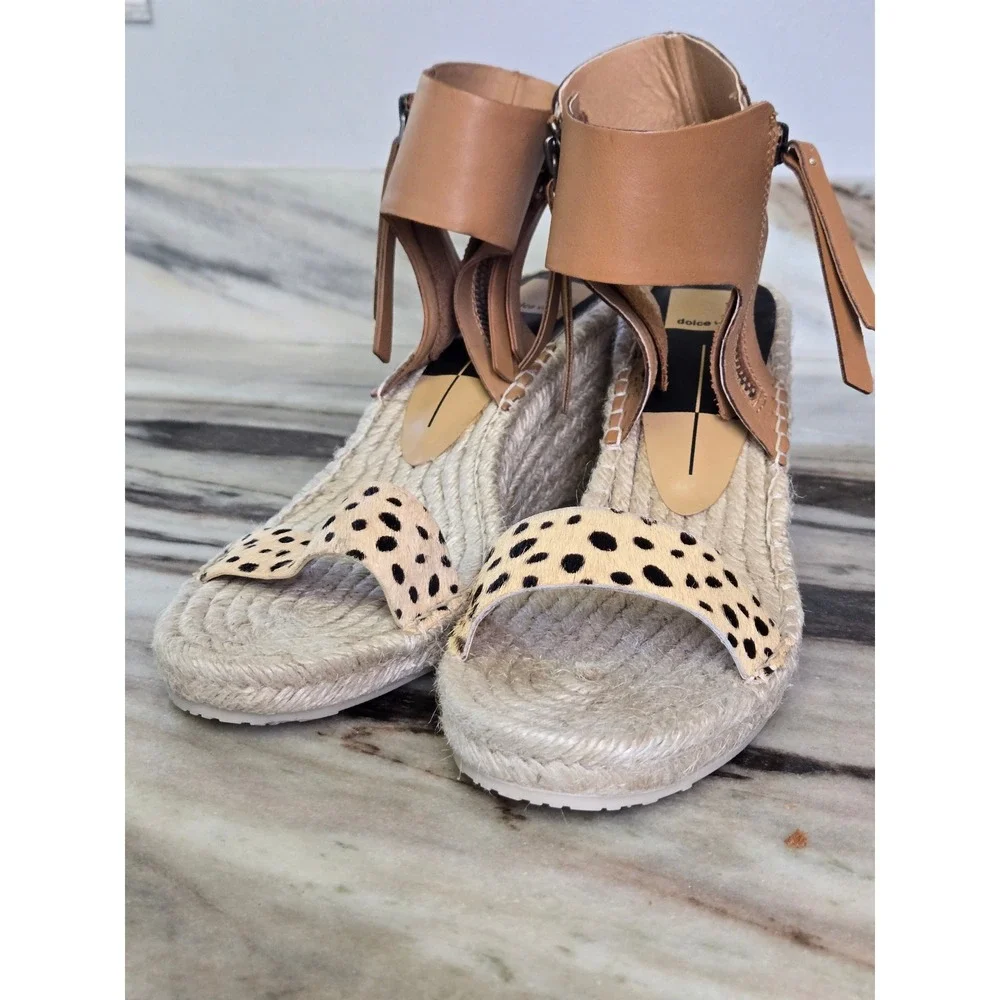 Dolce Vita Cheetah Print‎ Calf Hair Espadrille Wedge Sandals Tan Leather Ankle 9